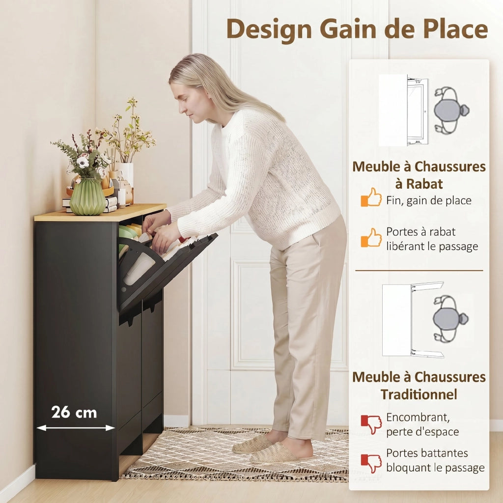 Scarpiera 16 paia con 4 cassetti e ripiani regolabili ¨C Minimal ¨C Nero e legno naturale