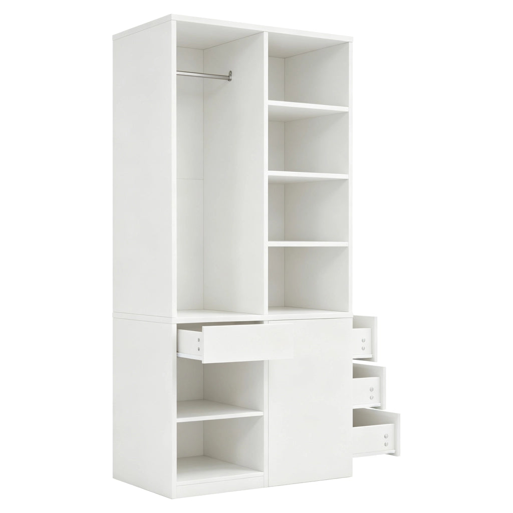 Armadio con cassetti, ripiani aperti e barra appendiabiti per camera da letto, in MDF bianco, 70 × 50 × 170 cm