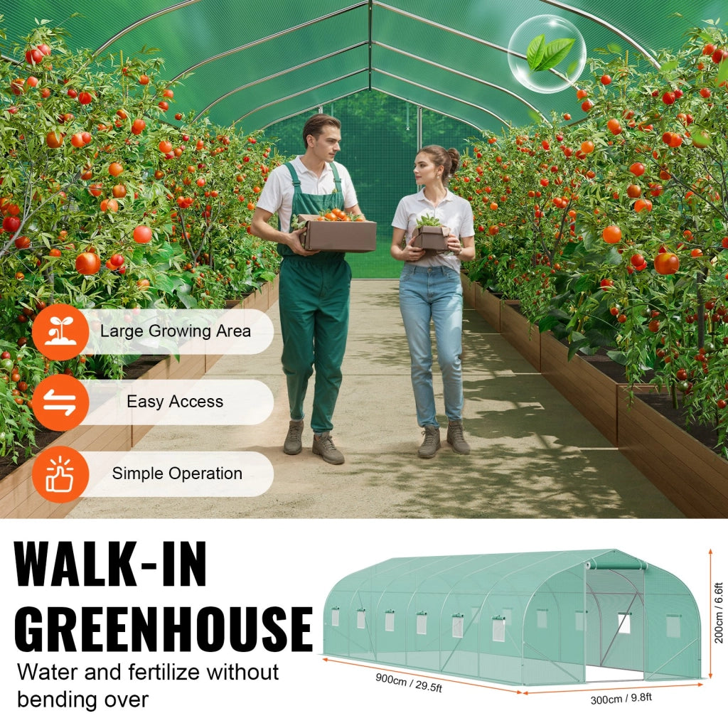 Serra da giardino a tunnel 900x300x200 cm HS-F039, telaio in acciaio galvanizzato e telo PE verde, robusta e resistente per piante ortaggi