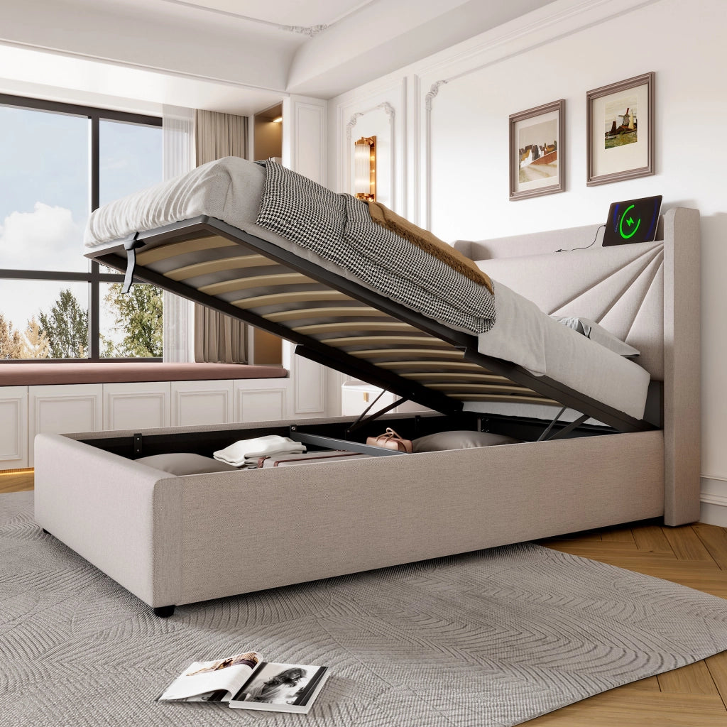 Letto singolo imbottito con contenitore e testiera USB Tipo C 90x200 cm senza materasso