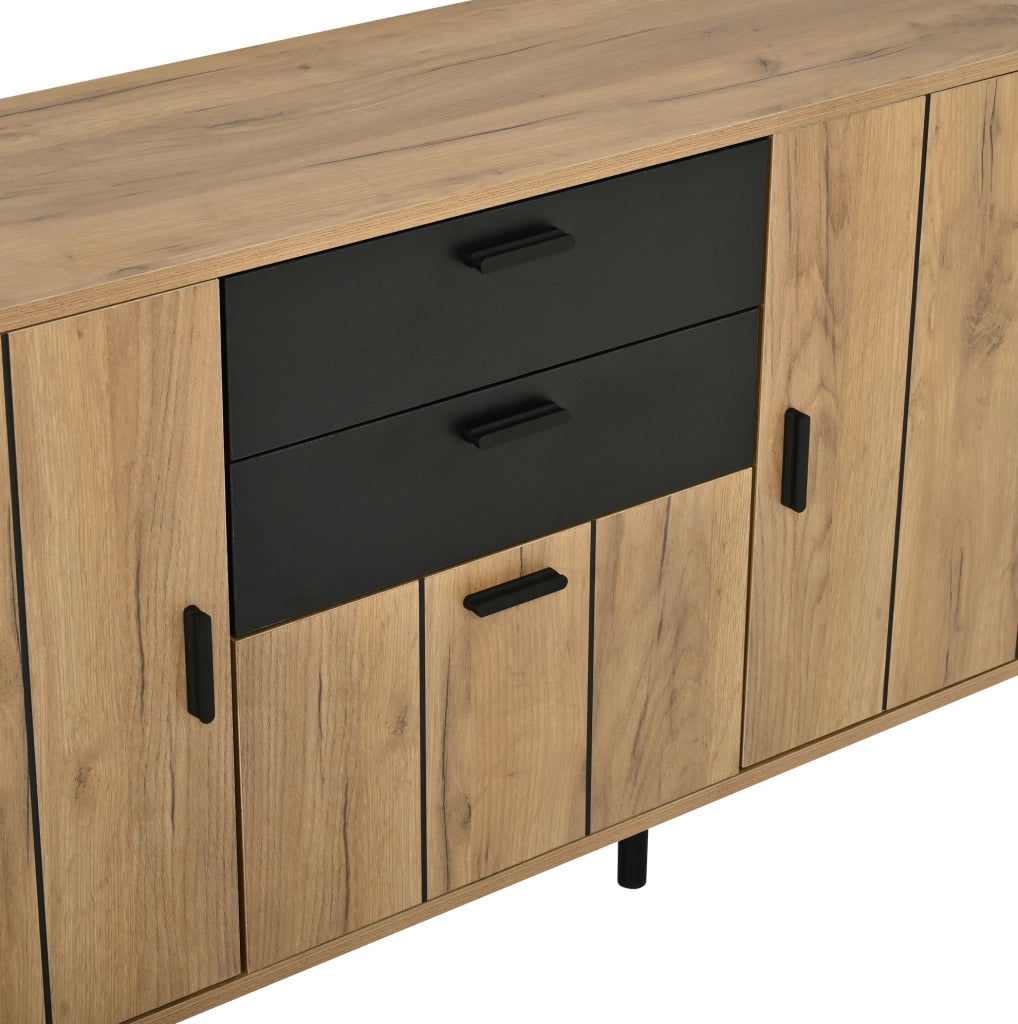 Mobile contenitore in MDF nero e legno con 2 cassetti e 3 ante, 140x35x67 cm