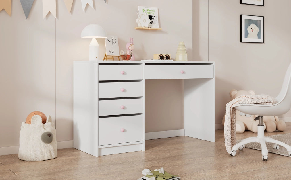 Scrivania bianca 120×45×74 cm con 5 cassetti e maniglie rosa in ceramica, adatta a bambini e adulti