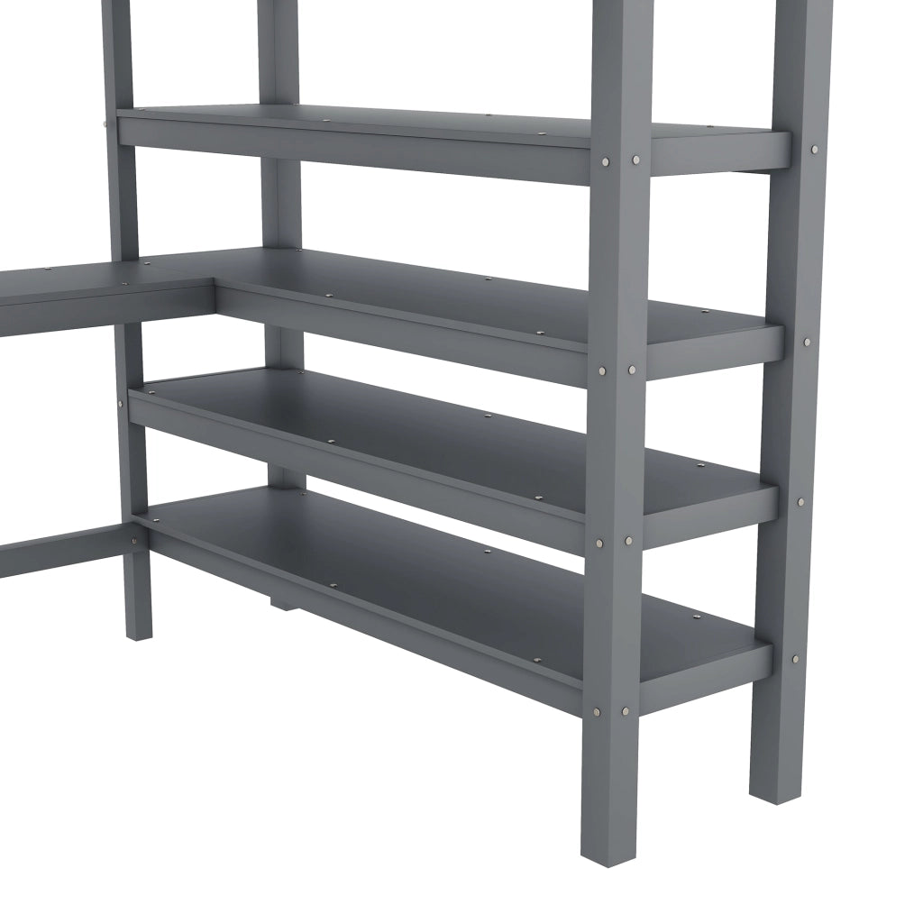Letto a soppalco per bambini 140 × 200 cm 2 posti con scrivania e mensole; senza materasso; in pino e MDF; grigio