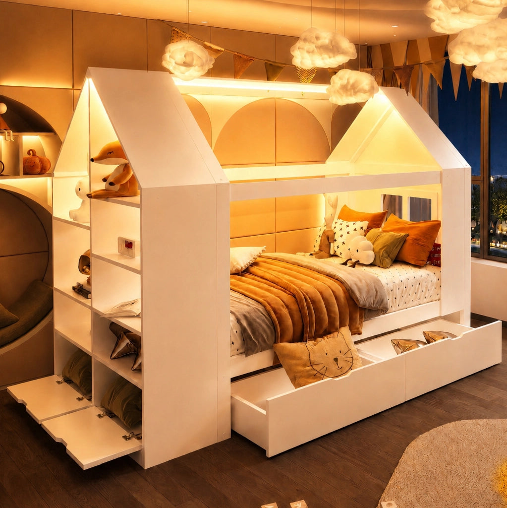 Letto a casetta per bambini 90x200 cm bianco con LED e cassetti