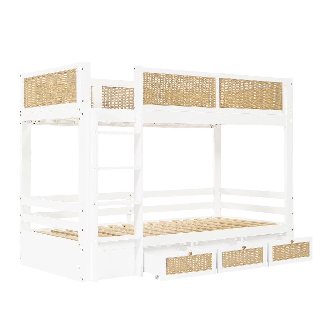 Letto a castello per bambini 90 × 200 cm 2 posti con 3 cassetti, scala a 4 gradini e barriere, senza materasso