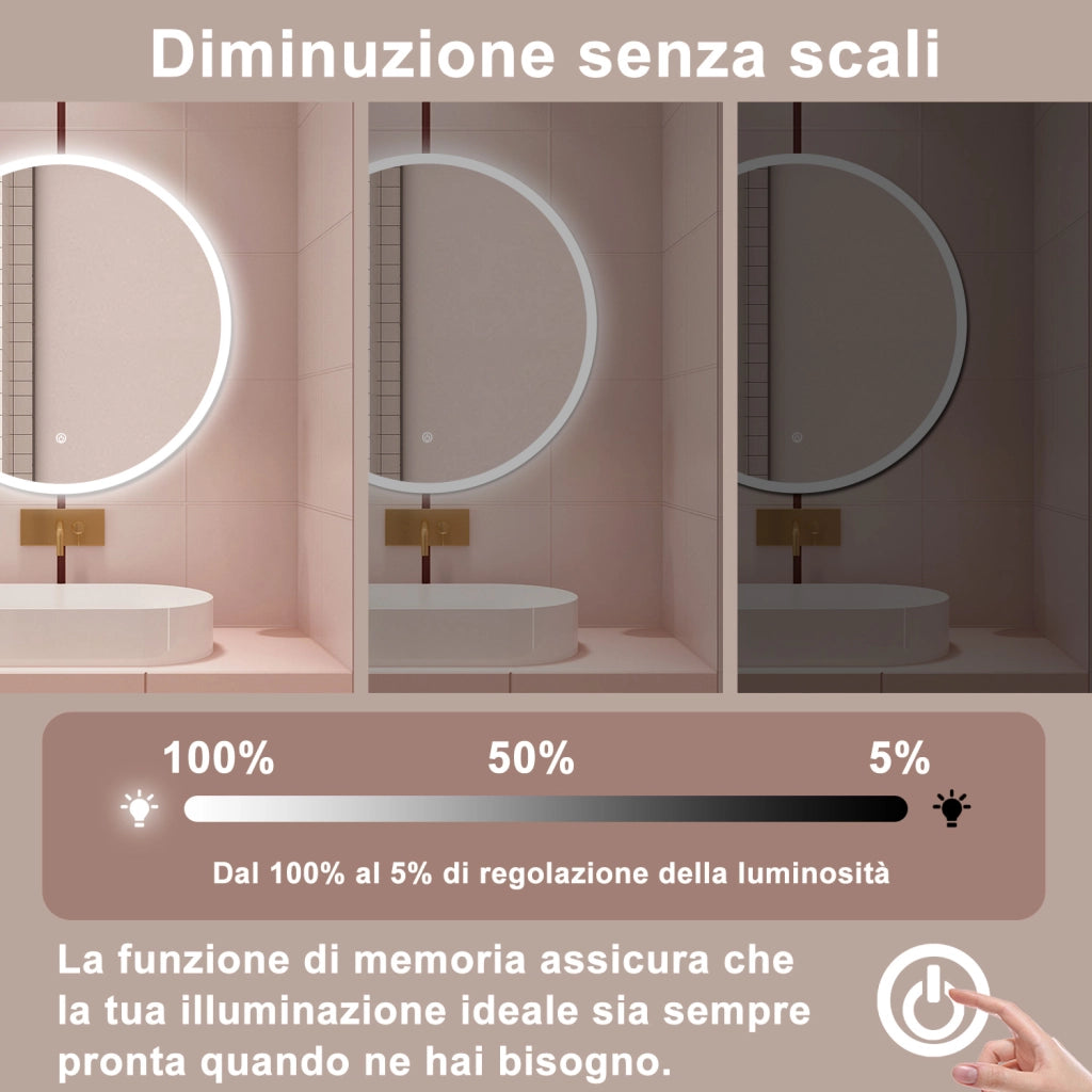 AICA Specchio da bagno 120 x 120 cm, antiappannamento, dimmerabile, interruttore touch, Funzione Memoria