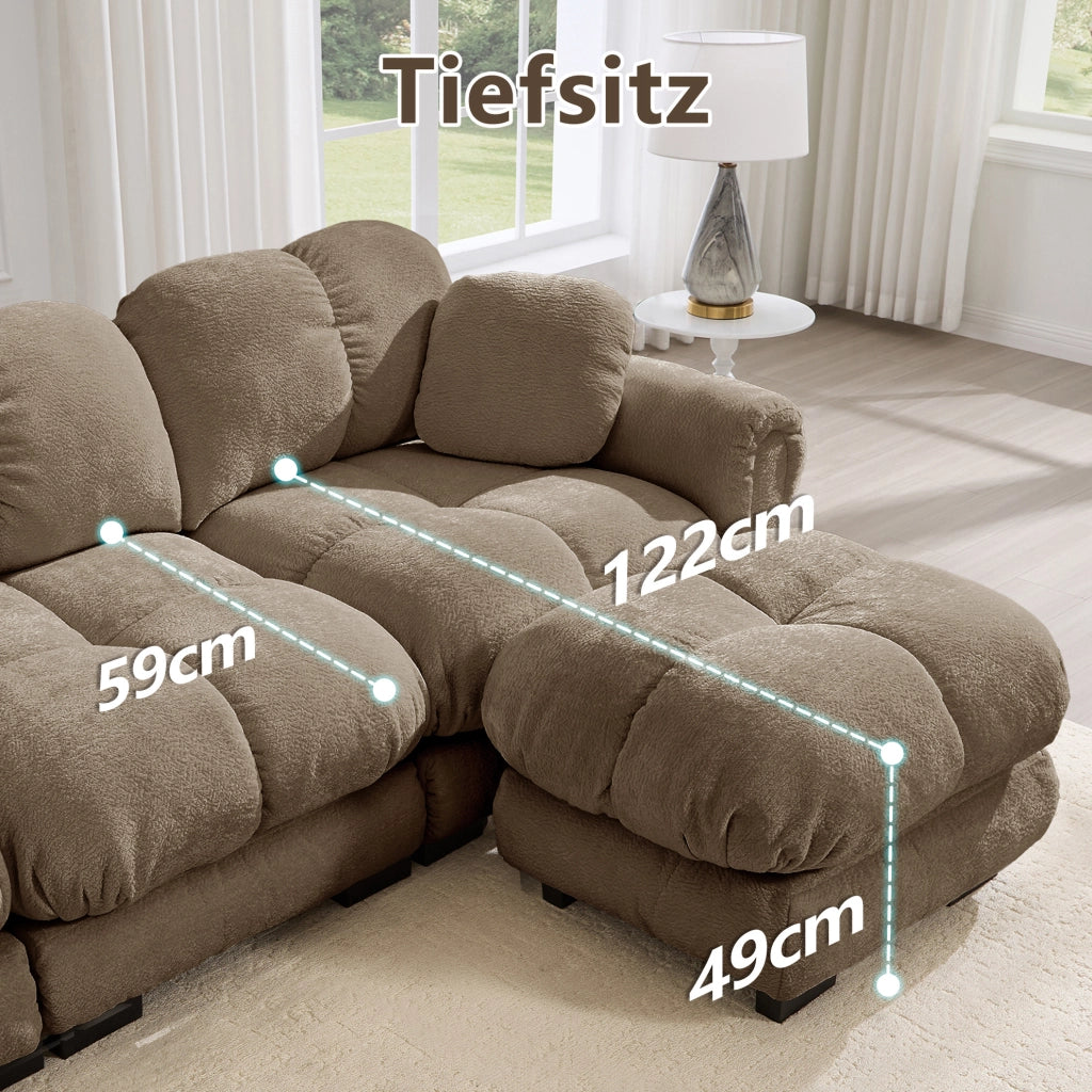 Divano 2 posti in ciniglia marrone con pouf mobile, design a U modulare, con cuscini spessi e supportivi