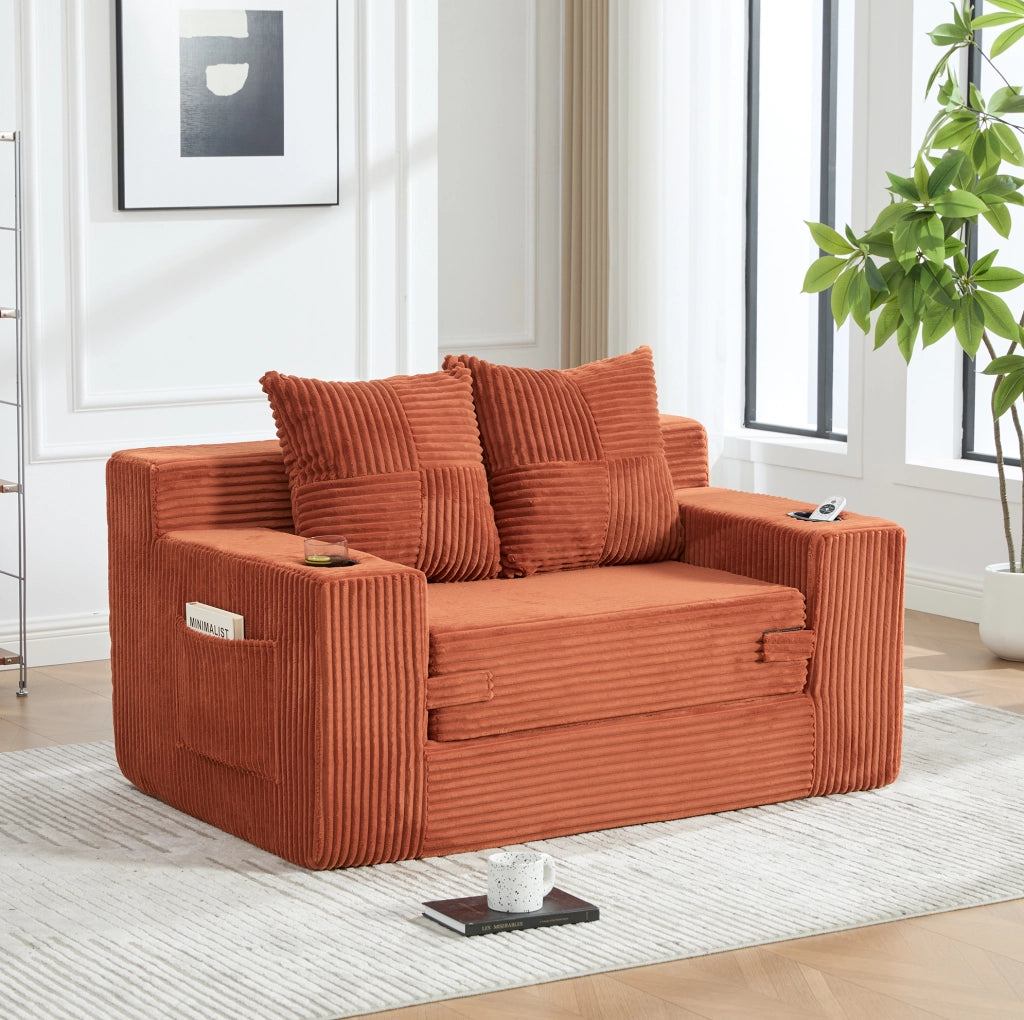 DIVANO Pouf 151x133x64 cm in velluto a coste arancione con 2 cuscini