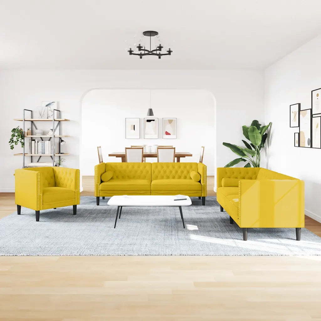 Set Divani Chesterfield 3pz con Cuscini Giallo Velluto
