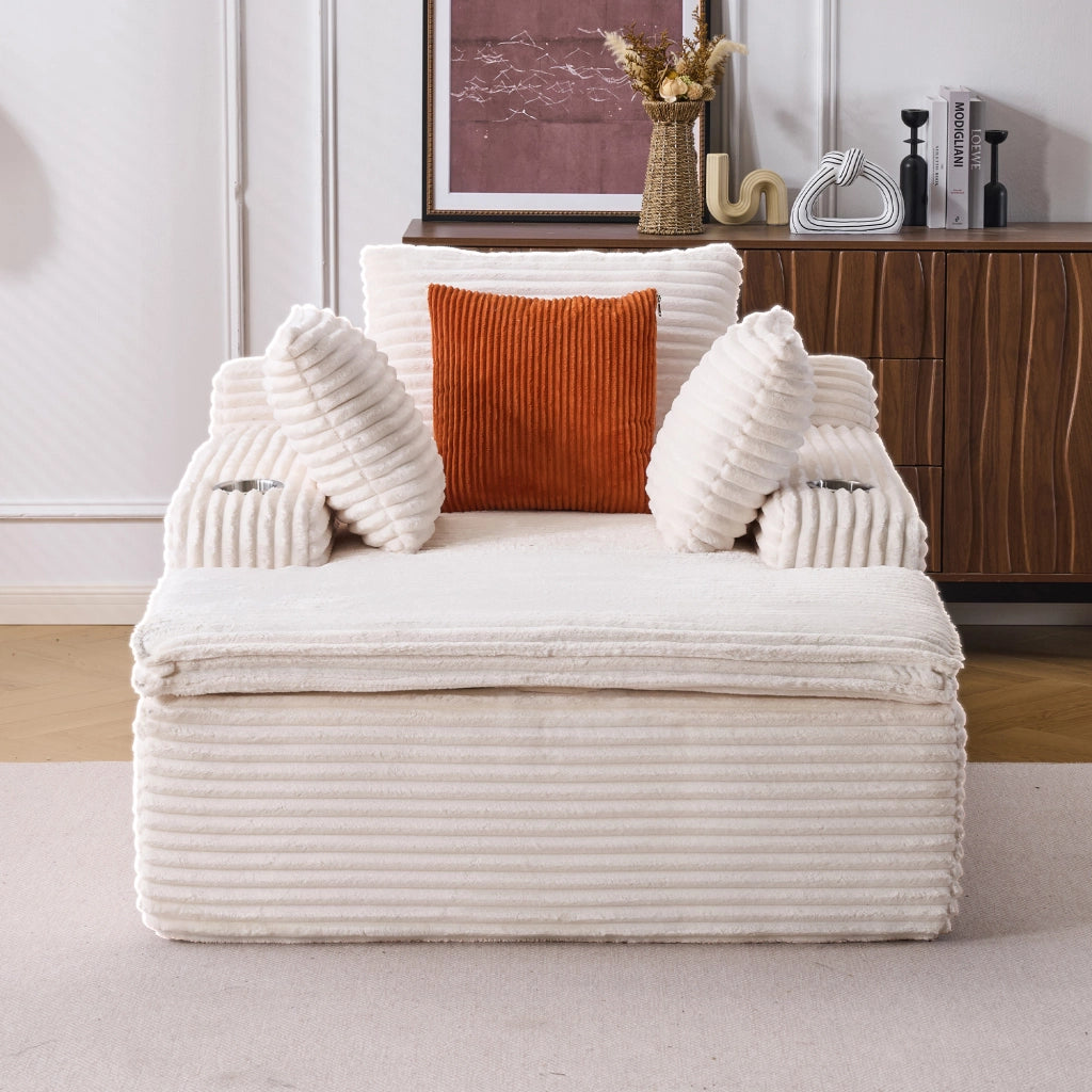 Divano Convertibile Senza Struttura con Chaise Longue, 3 Cuscini e Portabicchieri in Velluto a Coste Beige