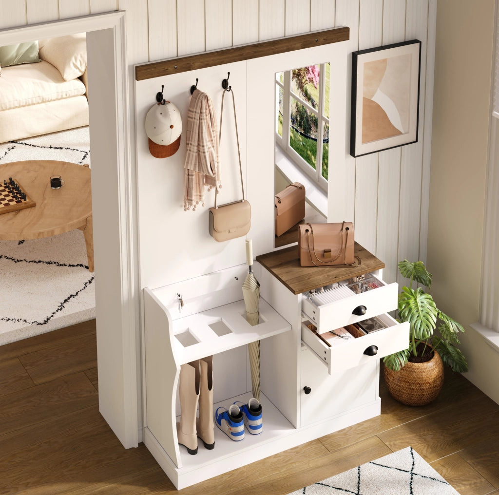 Set guardaroba ingresso 110,5x38x191 cm bianco, truciolare con specchio e 2 cassetti
