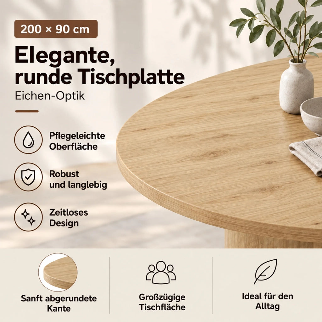 Tavolo da pranzo 200x90 cm per 6-8 persone, colore quercia, stile semplice con piano spesso, gambe curve e angoli arrotondati