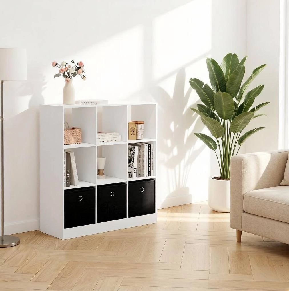 Libreria a cubi bianca e nera con 3 cassetti in tessuto, 80x86,5x30 cm, mensola indipendente per soggiorno e cucina