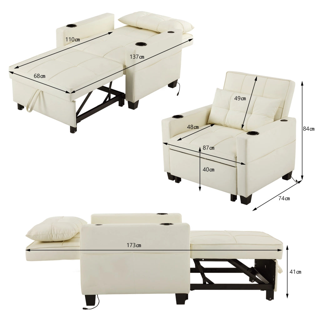 Poltrona letto estraibile 3 in 1 con schienale regolabile, portabicchieri e tasca laterale in ecopelle bianca