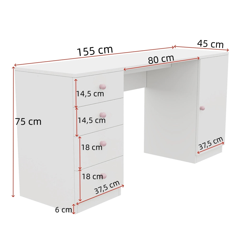 Scrivania per bambini 155x45x75 cm in MDF bianco, 4 cassetti e vano