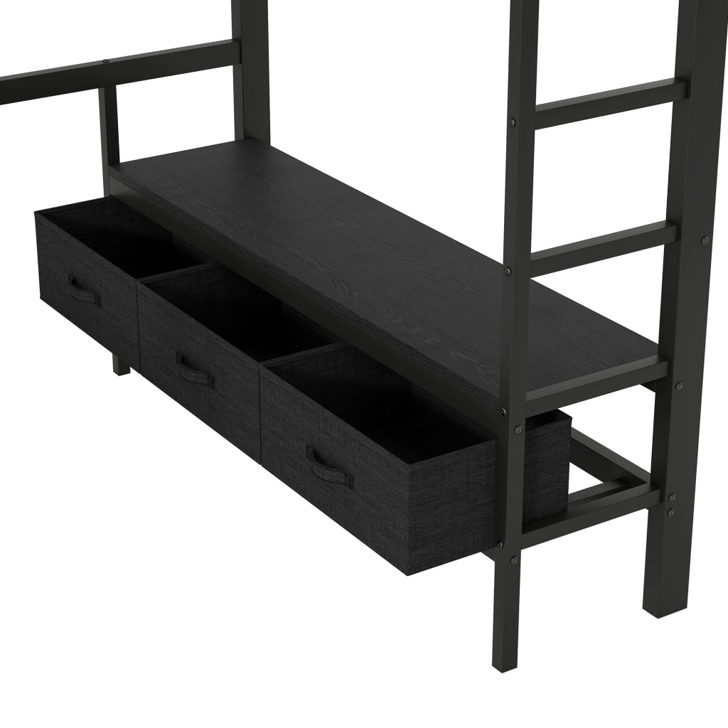 Letto a Soppalco 140x200 cm con Scrivania; Armadio; LED; USB; Scala e Sponde; Nero