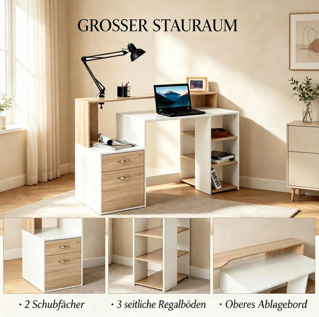 Scrivania compatta con cassetti e ripiani aperti in MDF e alluminio, 137x55x92 cm, ideale per studio e lavoro