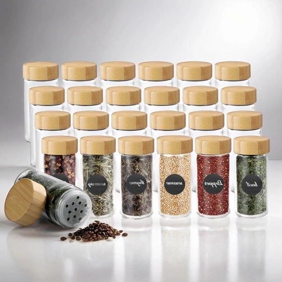 Set di contenitori per erbe in vetro - 24 pezzi - 100 ml - coperchio in bambù e legno - conservazione erbe da cucina - etichette - pennarelli - spazzola per pulizia - ciotola - setaccio per erbe