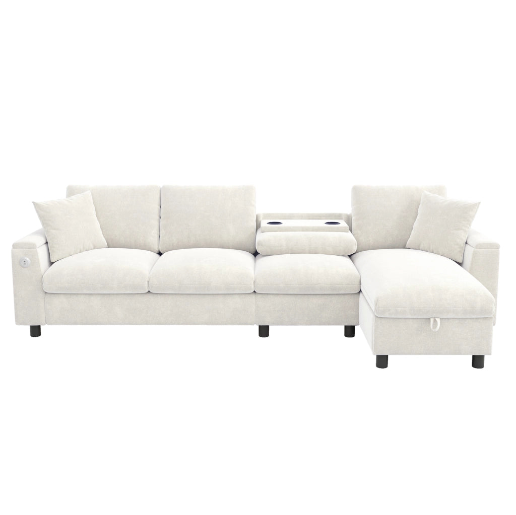Divano letto angolare reversibile in ciniglia beige con tavolino; USB e Type-C