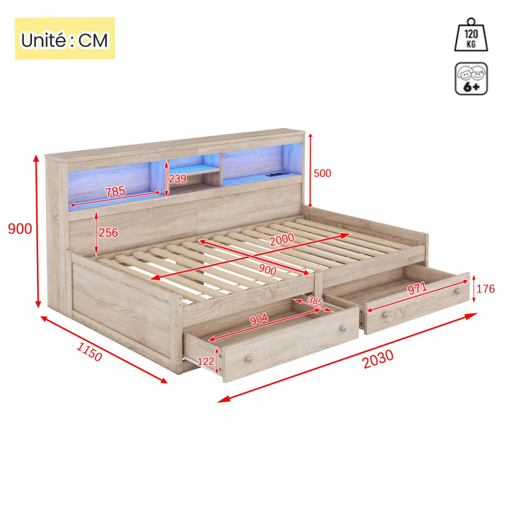 Letto singolo 90×200 cm con LED; USB; 2 cassetti e vani; rete inclusa; senza materasso; naturale