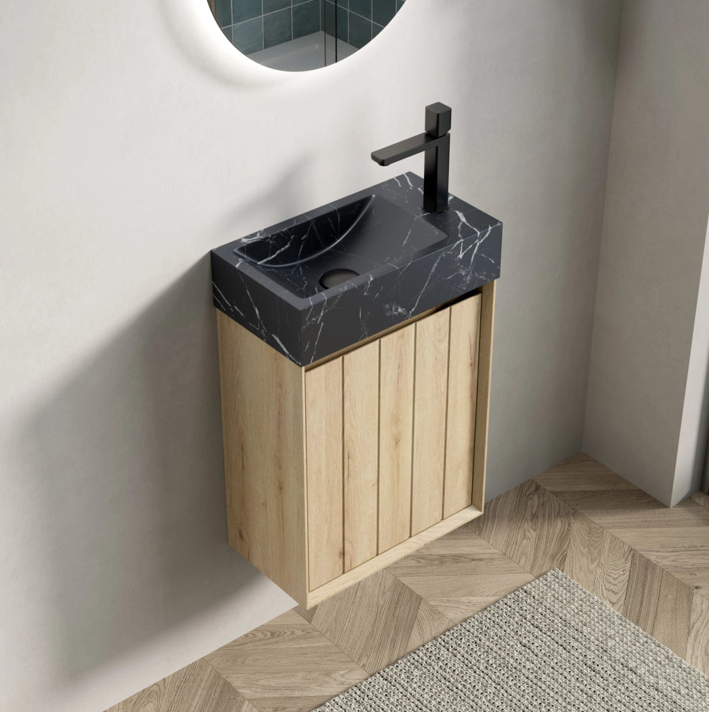 Mobile bagno 40 cm con lavabo integrato in marmo nero e struttura in compensato effetto quercia bianca