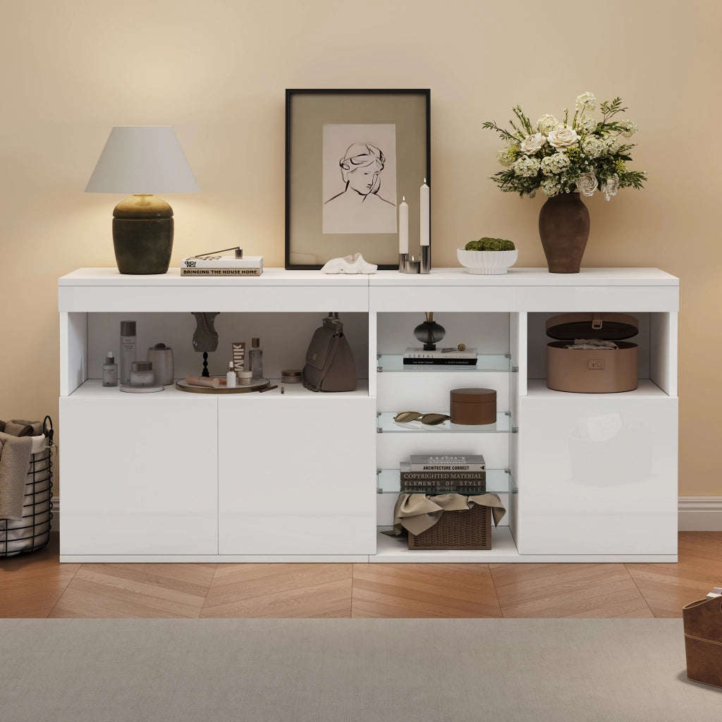 Credenza da soggiorno 155;5 x 35 x 72 cm con LED e finitura lucida; bianco