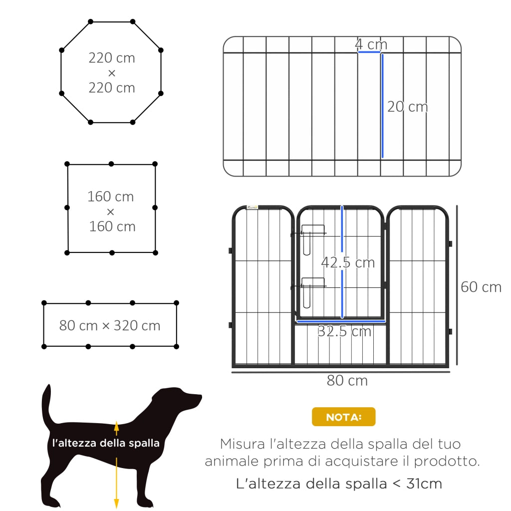 Recinto per Cani 8 Pezzi Modulabile Interno Esterno ¨C zephmum ¨C Acciaio Nero 80x60 cm