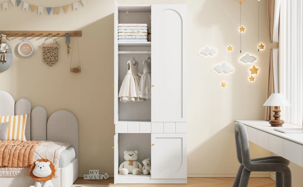 Armadio bianco a 2 ante con appendiabiti, cassetti a pressione e ripiani fissi 80×50×200 cm