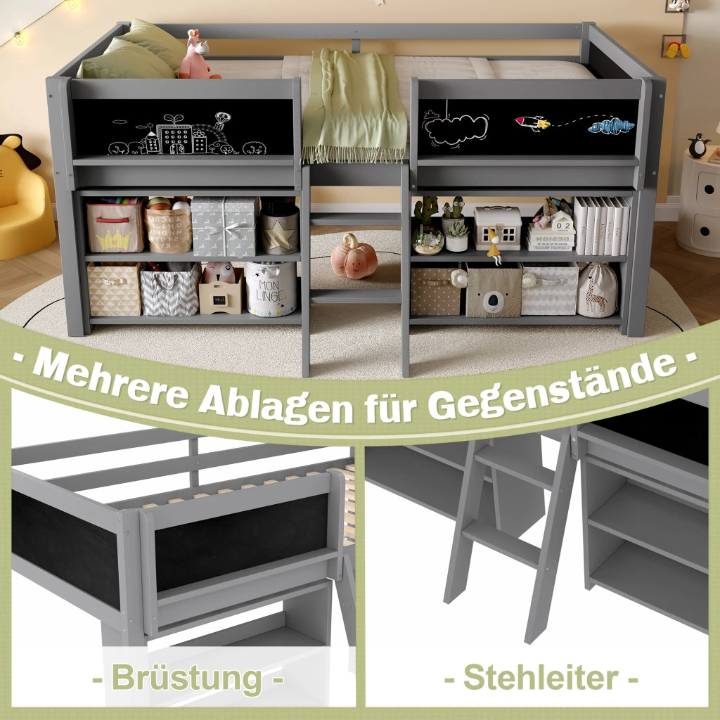 Letto a soppalco singolo 90×200 cm con ripiani; scala e barriera di sicurezza; senza materasso; pino; grigio