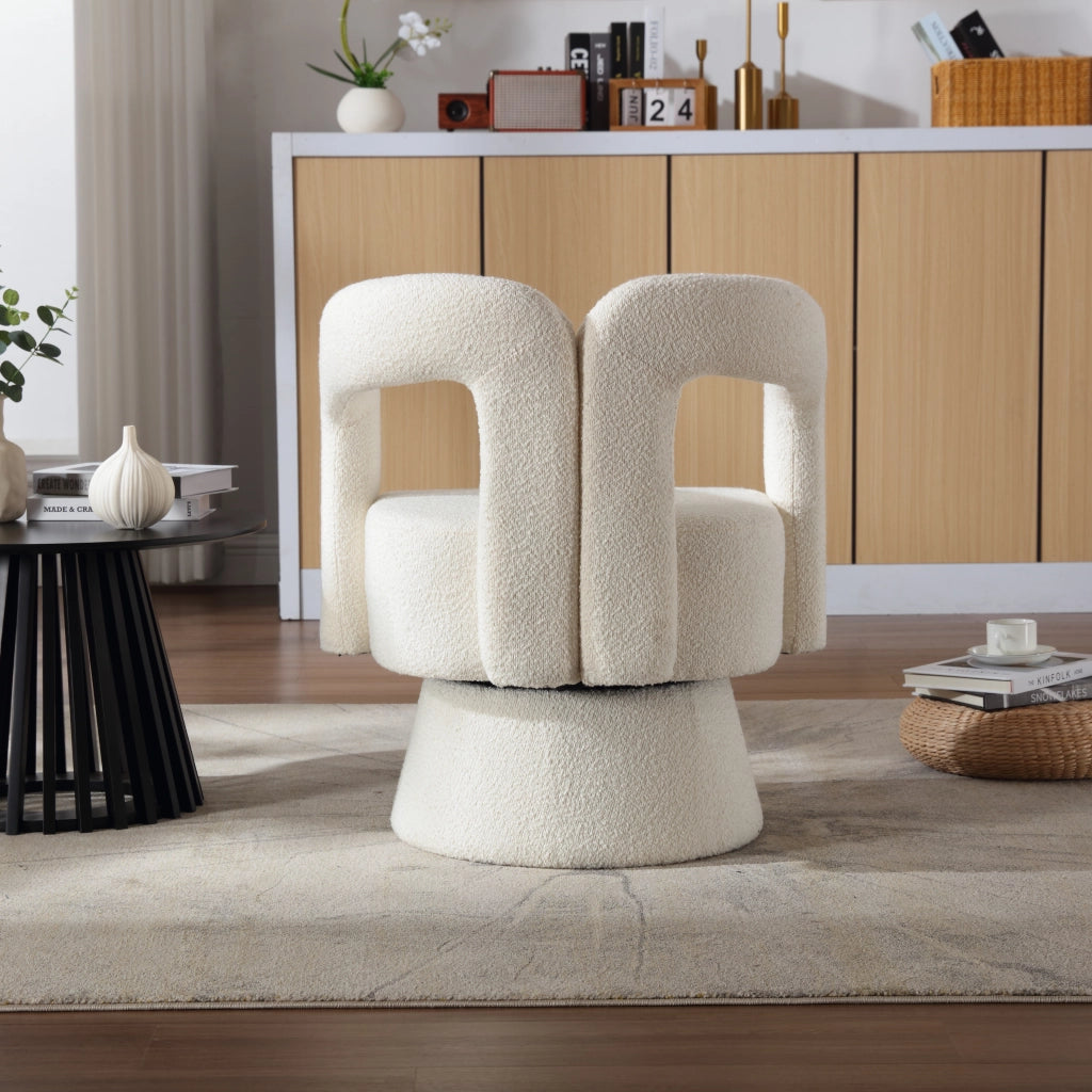Poltrona girevole 360¡ã in tessuto boucl¨¦ beige con base in metallo