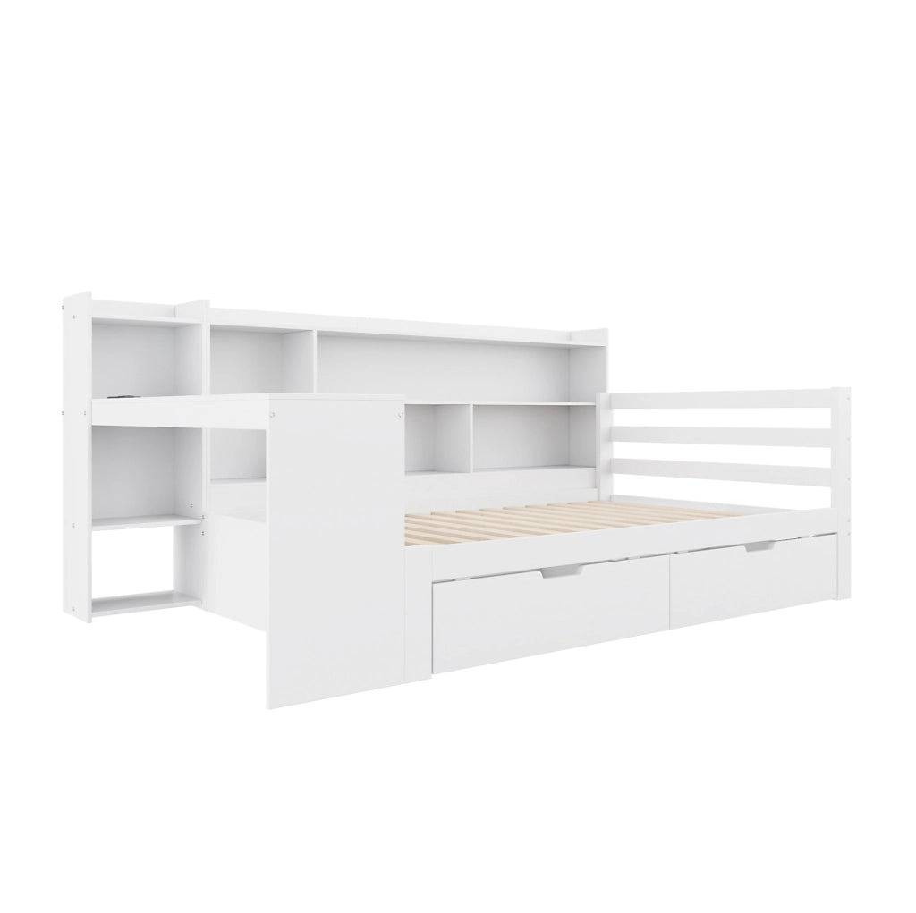 Letto multifunzionale 90x200 cm con scrivania, libreria, 2 cassetti e presa in legno bianco