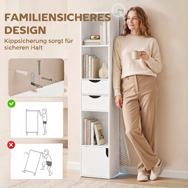 Libreria sottile bianca con 2 cassetti e 3 ripiani aperti 30x24x158 cm per ufficio e camera da letto
