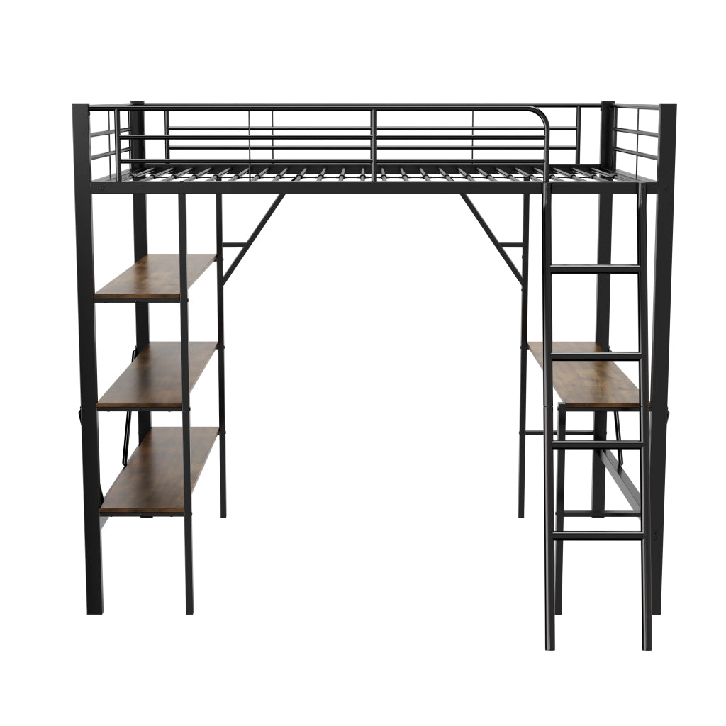 Letto a soppalco 90x200 cm con scrivania e 3 ripiani; struttura in metallo e MDF; nero