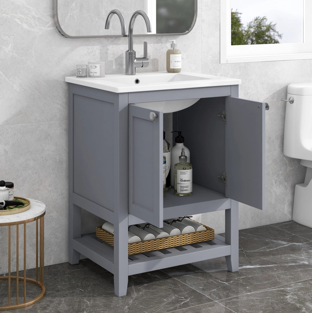 Mobile lavabo da terra con lavabo in ceramica grigio e bianco