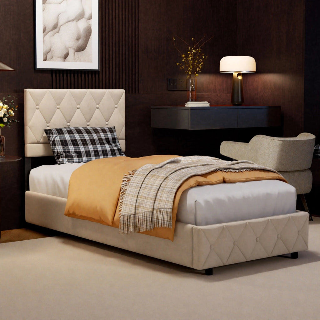 Letto imbottito con box contenitore, 90 x 200 cm, con sistema idraulico per l'apertura, struttura letto con spazio contenitore, (senza materasso)