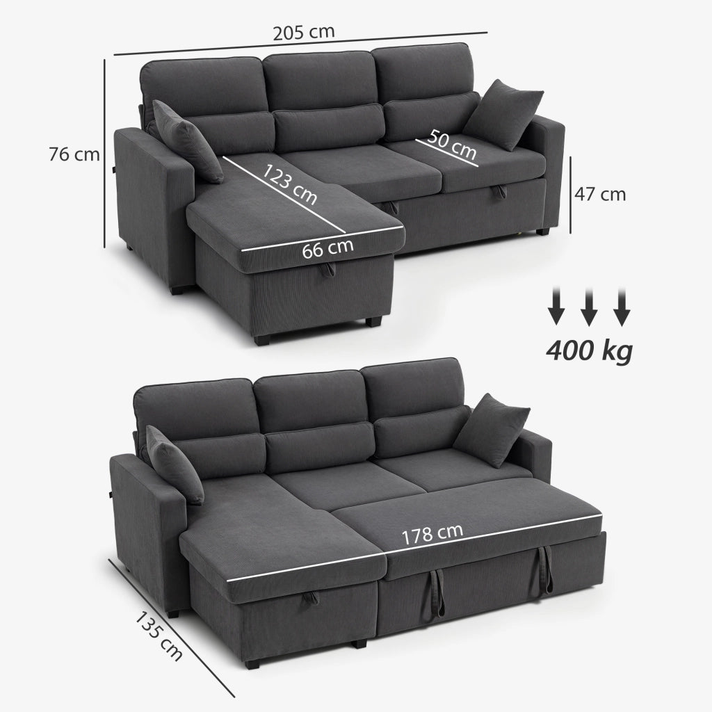 Divano letto angolare in velluto con contenitore e cuscini ¨C Minimal ¨C Grigio 205x135x76 cm
