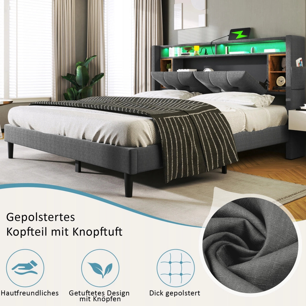 Letto imbottito 140x200 grigio - Xylo - con USB e LED