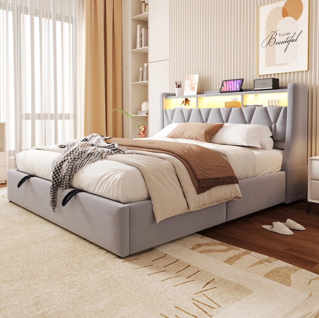 Polsterbett 180x200 cm con contenitore; testiera ribaltabile; LED; USB e USB-C; velluto grigio chiaro