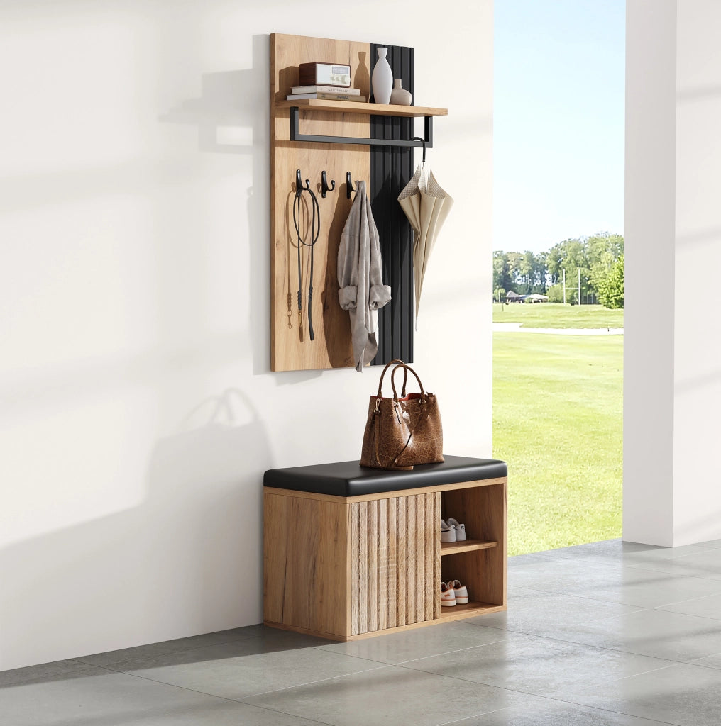 Appendiabiti da ingresso con scarpiera; panca imbottita e 3 ganci; 70 x 36 x 146 cm; nero e naturale