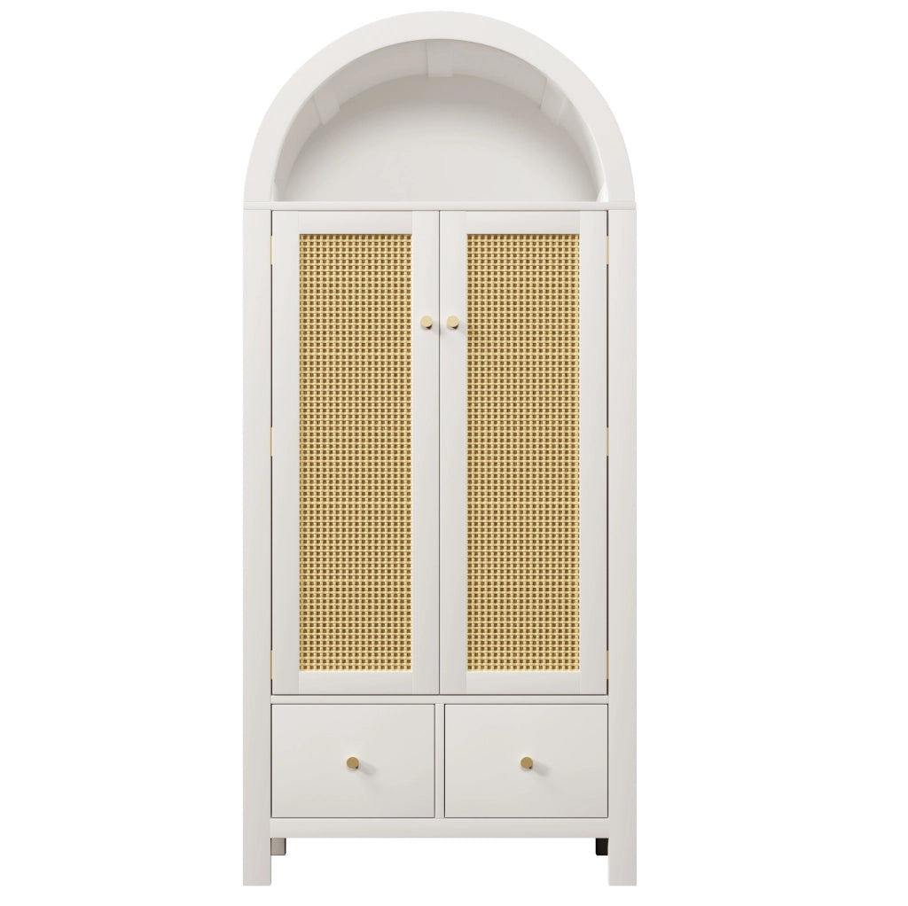 Armadio guardaroba 181x78x45 cm in MDF bianco con intreccio in rattan, 2 ante con chiusura magnetica, 2 cassetti, barra appendiabiti e apertura a mezzaluna