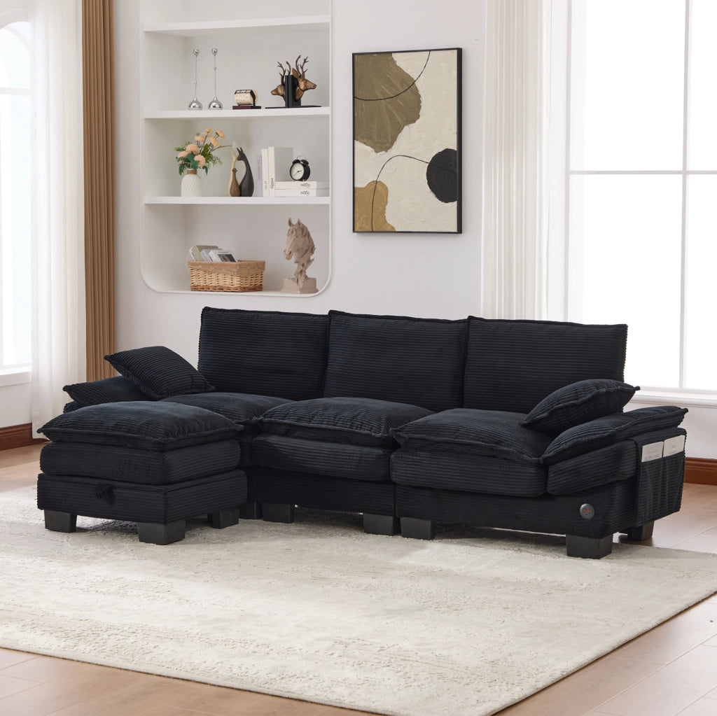 Divano modulare 3 posti 260x132x84 cm in velluto a coste nero con pouf