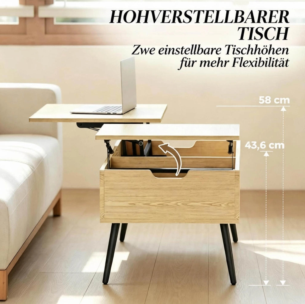 Tavolino da salotto multifunzione con piano rialzabile, effetto legno naturale e gambe in metallo nero, 100x50x43,6 cm