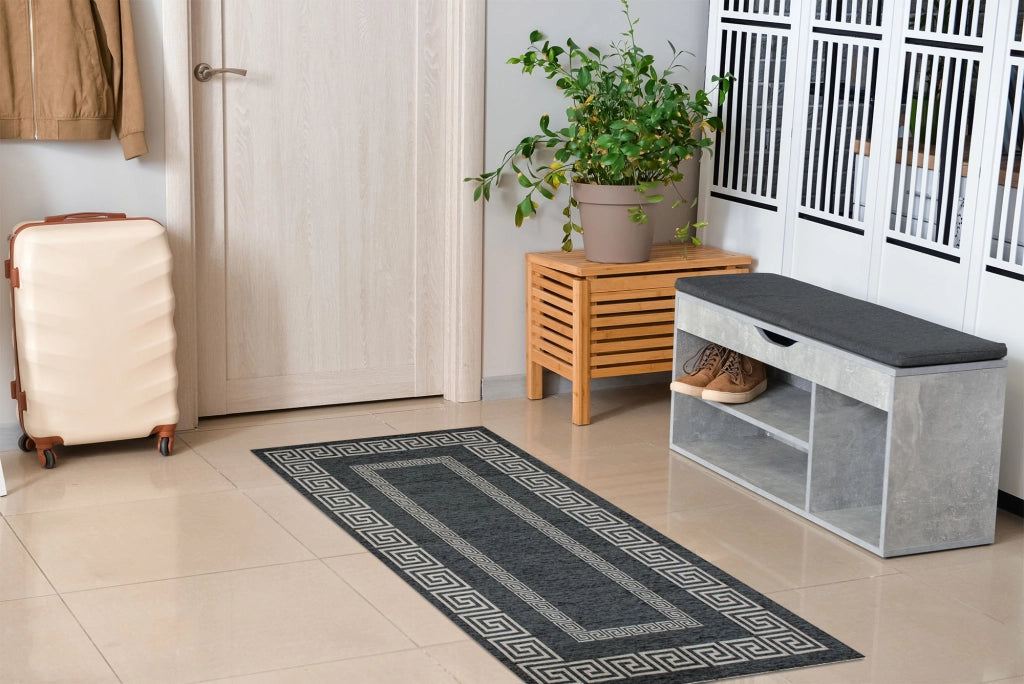 Tappeto Arredo Moderno Morbido in Ciniglia Ingresso Antiscivolo Prodotto Italiano  Soggiorno Camera Salotto Disegni Piazzati Cotone Varie Misure Grande Atena/Antracite - 65x175 cm