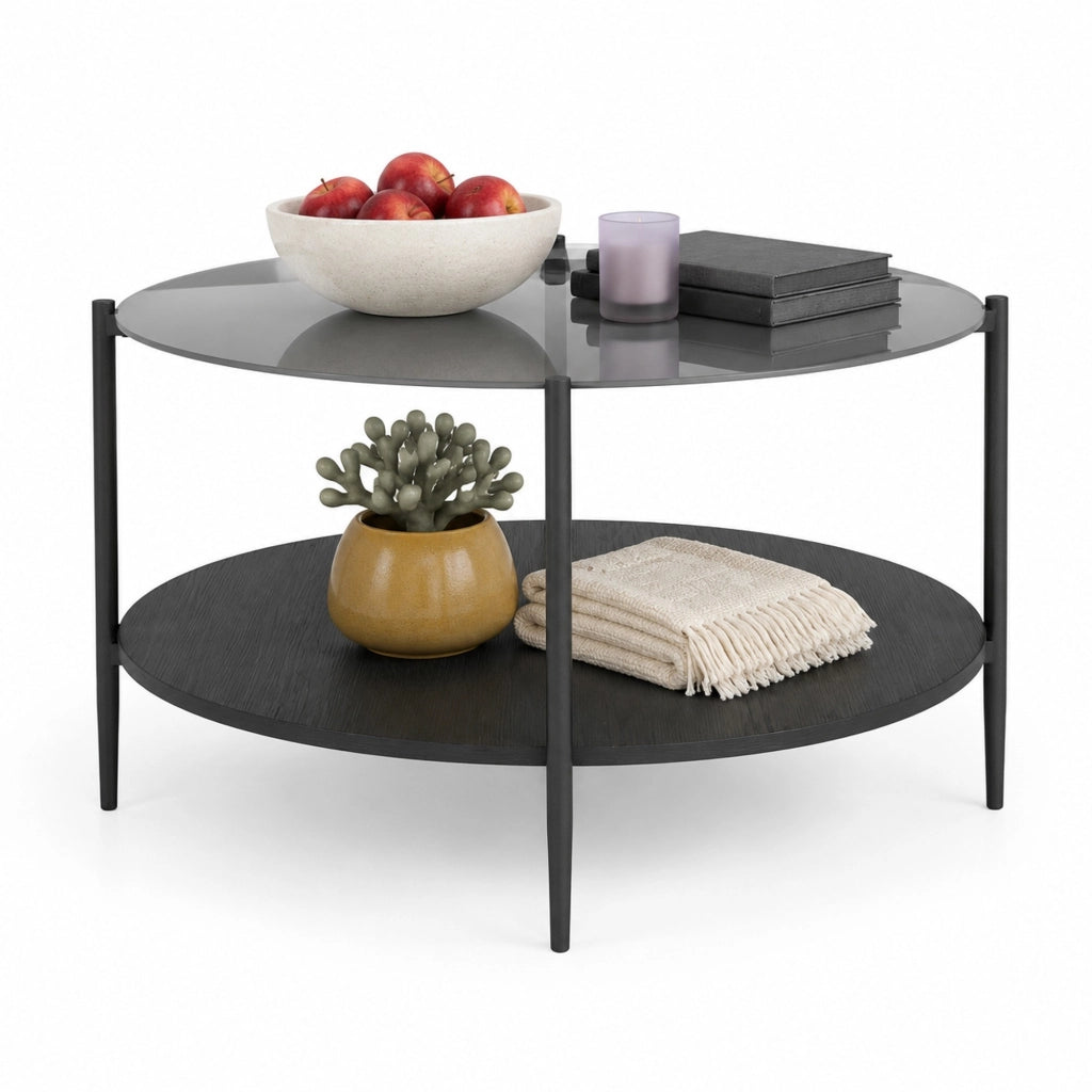 Tavolino da caff¨¨ rotondo ?82x45 cm a due ripiani in vetro temperato nero