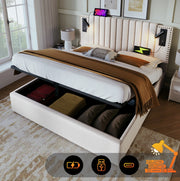 Letto matrimoniale contenitore 180x200 cm beige con luci da lettura e ricarica USB HOMVRA