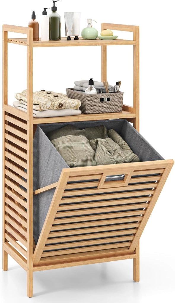 Mobiletto con Portabiancheria a 2 Ripiani da Bagno a Ribalta, Cesto per Bucato in Bambù da 43L, Cesto per Lavanderia Sporca in Tessuto Pieghevole, 43,5 x 33 x 96 cm, Naturale