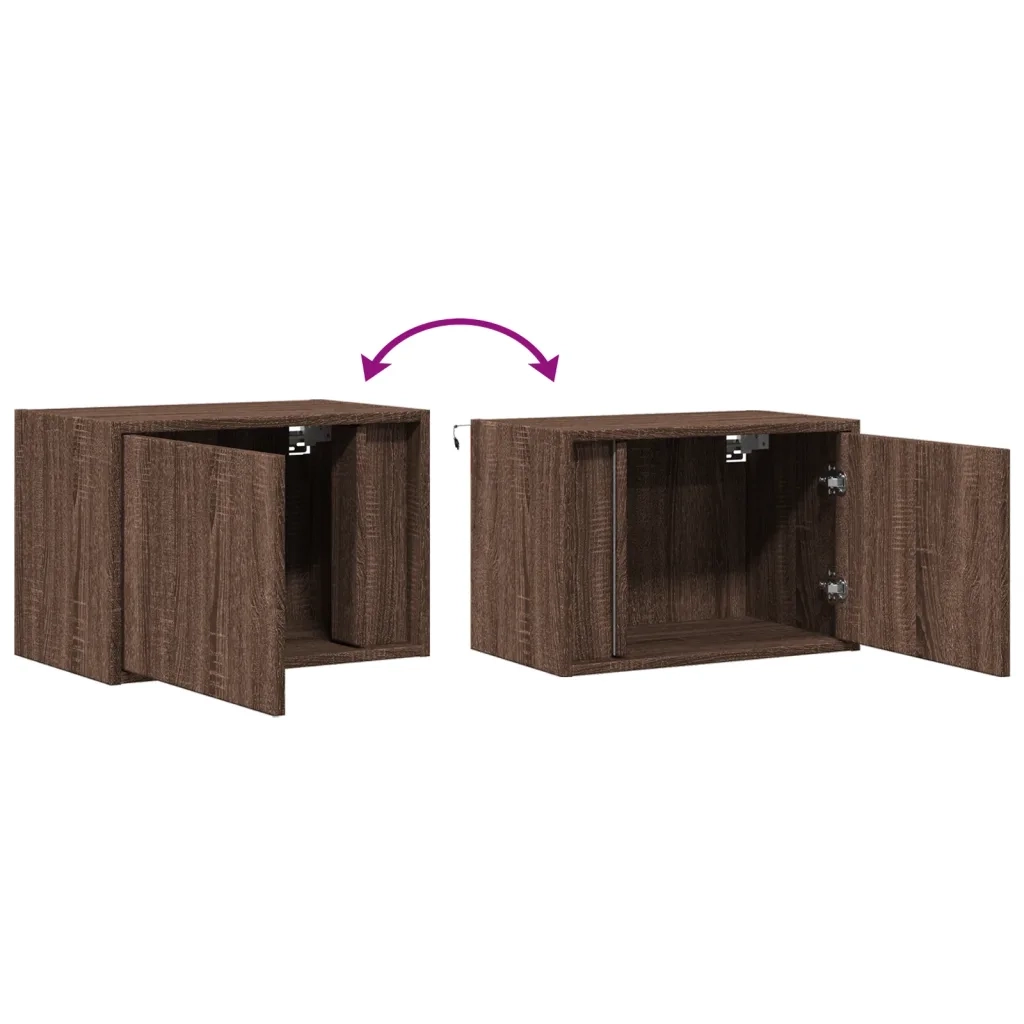 Set di 2 Comodini | Armadio da Notte | Mobiletto da notte a Parete con luci LED Rovere Marrone