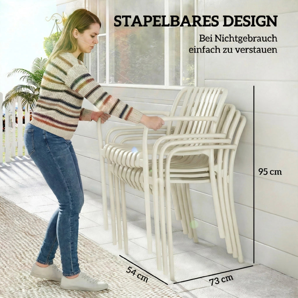 Set 4 Sedie da Giardino Impilabili ¨C Xylo ¨C Design a Lamelle con Braccioli Ergonomico Bianco Crema