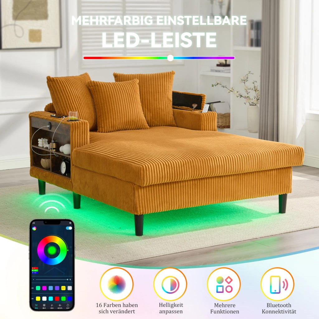 Chaise longue in velluto a coste giallo senape con LED e USB