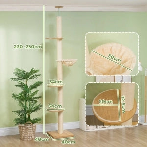 Tiragraffi da soffitto regolabile con pali in sisal base in legno ingegnerizzato rovere 40 × 40 × 230-250 cm